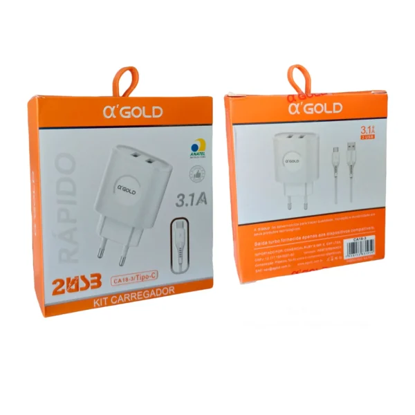 Kit Carregador A'Gold 3.1A USB-C
